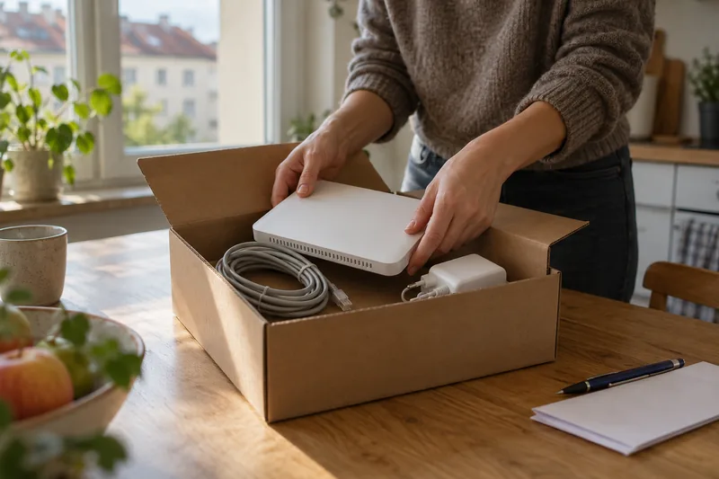 Hände legen ein weißes Modem mit Netzteil und Netzwerkkabel in einen Versandkarton