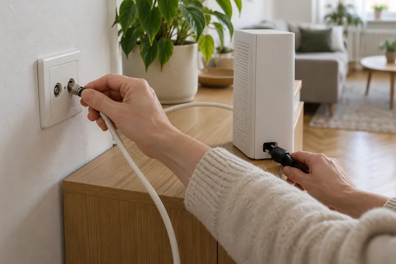 Hand löst ein Koaxialkabel aus der Wanddose neben einem weißen Kabelmodem