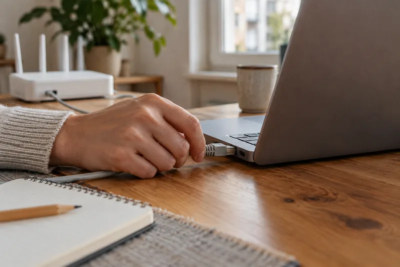 Hand steckt ein Netzwerkkabel in ein Notebook, im Hintergrund ein weißer Router